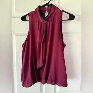 BCX Tie-Neck Sleeveless Camisole in Wine with Black Trim